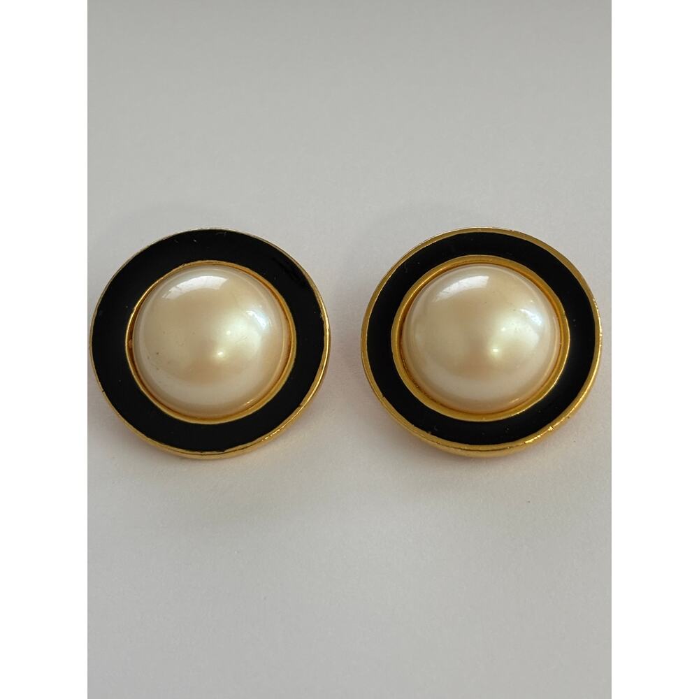 Vintage Gold Tone Faux Pearl Earrings Black Enamel